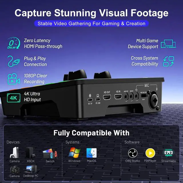 Alt view image 3 of 7 - 4K Video Capture Card with Audio Mixer, 1080P 60fps Streaming, 4K Zero-Latency Loop Out, XLR/48V Phantom Power, Voice Changer, RGB, 4 Faders, Plug & Play for Gaming/Podcast/Recording