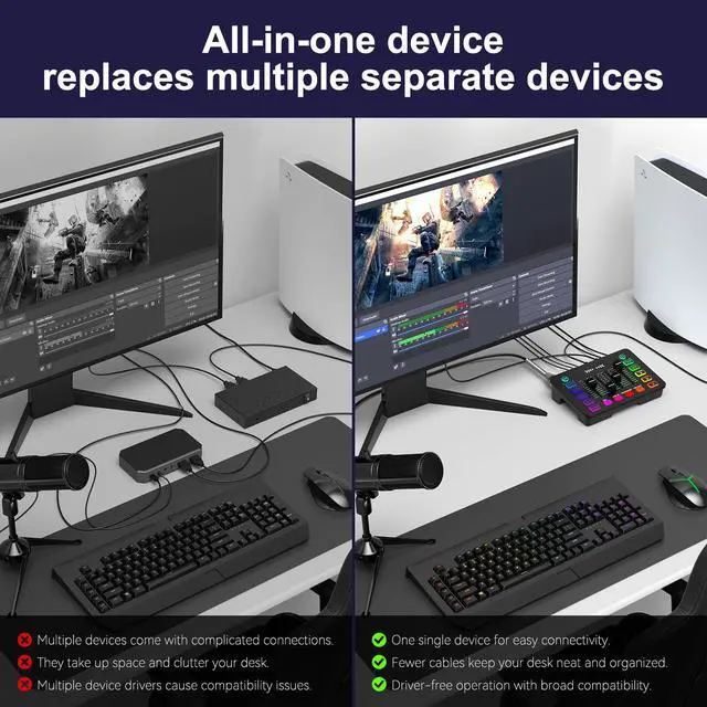 Alt view image 5 of 7 - 4K Video Capture Card with Audio Mixer, 1080P 60fps Streaming, 4K Zero-Latency Loop Out, XLR/48V Phantom Power, Voice Changer, RGB, 4 Faders, Plug & Play for Gaming/Podcast/Recording