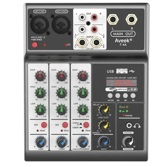 Alt view image 2 of 7 - Professional Audio Mixer, Sound Board Mixing Console with 4 Channel Digital USB Bluetooth Echo Delay Effect, Input 48V Phantom Power Stereo DJ Mixers for Recording, Live Streaming, Podcasting