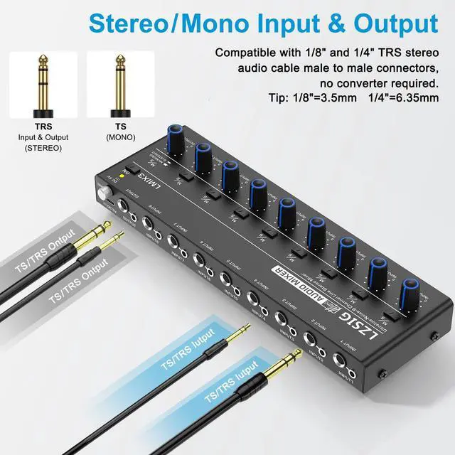 Alt view image 3 of 7 - Mini Audio Mixer, Ultra Low-Noise, 8-Channel, 8 IN 1 OUT