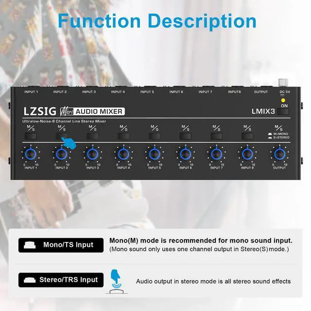 Alt view image 4 of 7 - Mini Audio Mixer, Ultra Low-Noise, 8-Channel, 8 IN 1 OUT