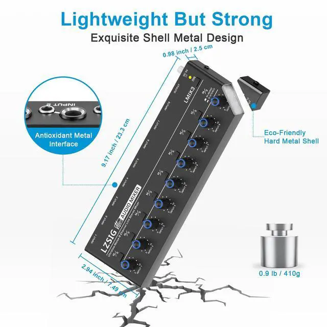 Alt view image 6 of 7 - Mini Audio Mixer, Ultra Low-Noise, 8-Channel, 8 IN 1 OUT