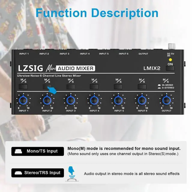 Alt view image 4 of 7 - Mini Audio Mixer, Ultra Low-Noise, 6-Channel, 6 IN 1 OUT