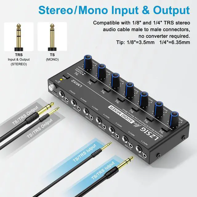 Alt view image 3 of 7 - Mini Audio Mixer, Ultra Low-Noise, 6-Channel, 6 IN 1 OUT