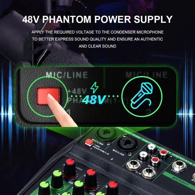 Alt view image 3 of 7 - 4 Channel Professional mixer audio 99DSP Bluetooth U disk 48V Phantom Power Source USB recording,dj mixer,Suitable for beginners Live streaming (A4-G)