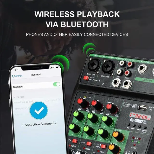 Alt view image 6 of 7 - 4 Channel Professional mixer audio 99DSP Bluetooth U disk 48V Phantom Power Source USB recording,dj mixer,Suitable for beginners Live streaming (A4-G)