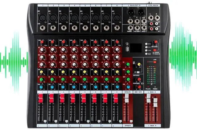 Main image of 8 Channel Professional DJ Audio Mixer Sound Board Console Interface Digital USB MP3 Bluetooth Input 48V Phantom Power Stereo DJ Studio Streaming for Recording, Podcasting