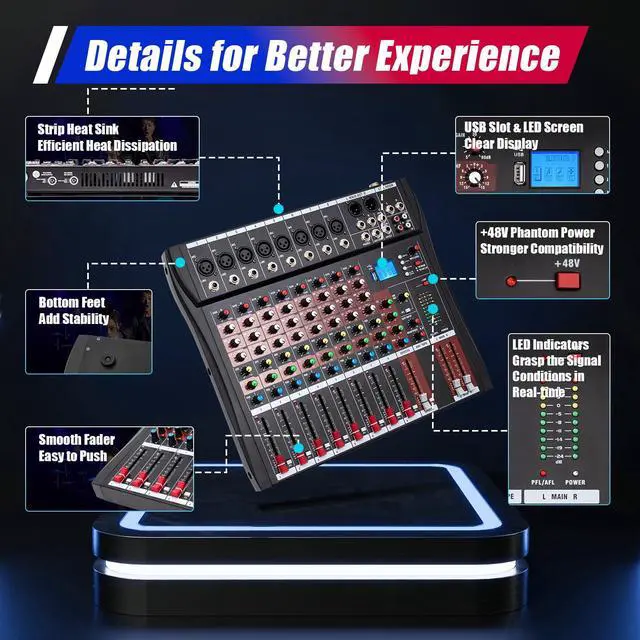 Alt view image 2 of 7 - 8 Channel Professional DJ Audio Mixer Sound Board Console Interface Digital USB MP3 Bluetooth Input 48V Phantom Power Stereo DJ Studio Streaming for Recording, Podcasting