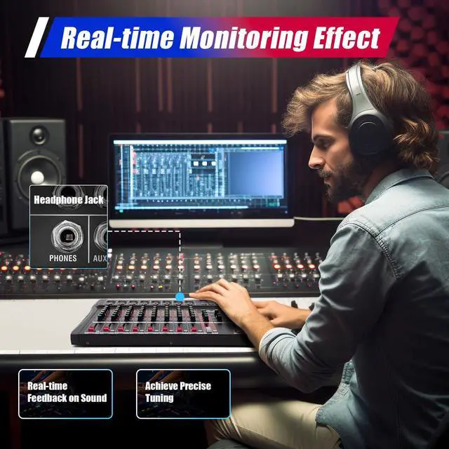 Alt view image 4 of 7 - 8 Channel Professional DJ Audio Mixer Sound Board Console Interface Digital USB MP3 Bluetooth Input 48V Phantom Power Stereo DJ Studio Streaming for Recording, Podcasting