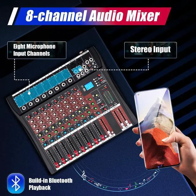 Alt view image 5 of 7 - 8 Channel Professional DJ Audio Mixer Sound Board Console Interface Digital USB MP3 Bluetooth Input 48V Phantom Power Stereo DJ Studio Streaming for Recording, Podcasting