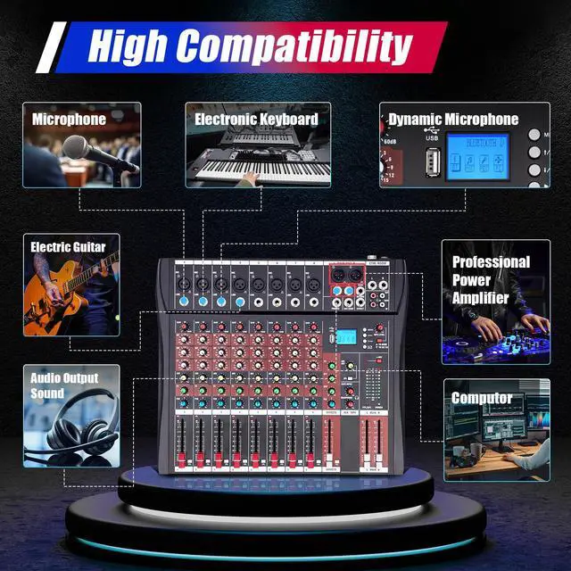 Alt view image 6 of 7 - 8 Channel Professional DJ Audio Mixer Sound Board Console Interface Digital USB MP3 Bluetooth Input 48V Phantom Power Stereo DJ Studio Streaming for Recording, Podcasting