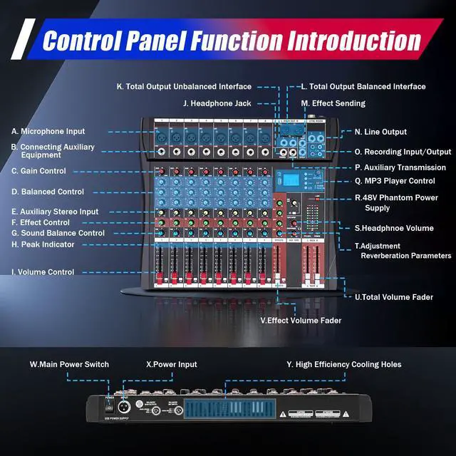Alt view image 7 of 7 - 8 Channel Professional DJ Audio Mixer Sound Board Console Interface Digital USB MP3 Bluetooth Input 48V Phantom Power Stereo DJ Studio Streaming for Recording, Podcasting