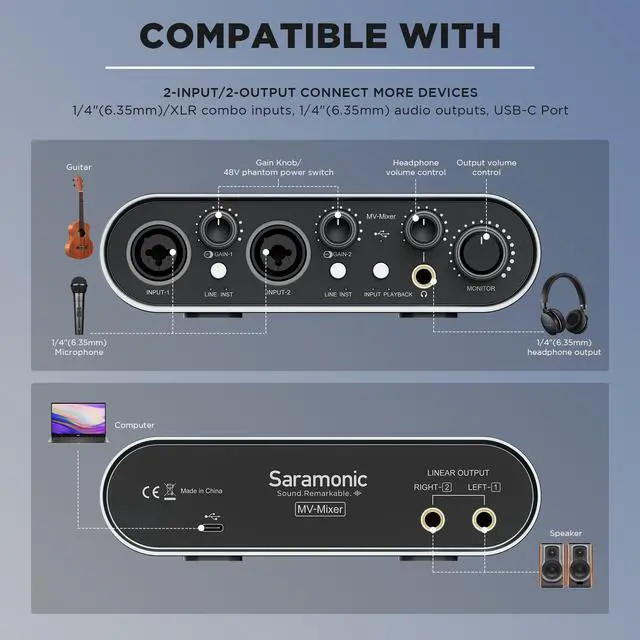 Alt view image 5 of 7 - MV-Mixer Dual-Channel XLR Audio Interface Mixer for Mac PC Recording Studio Singers Musicians Podcasters Guitar Sound Equipment, Real-Time and Playback Monitoring Music Production Software