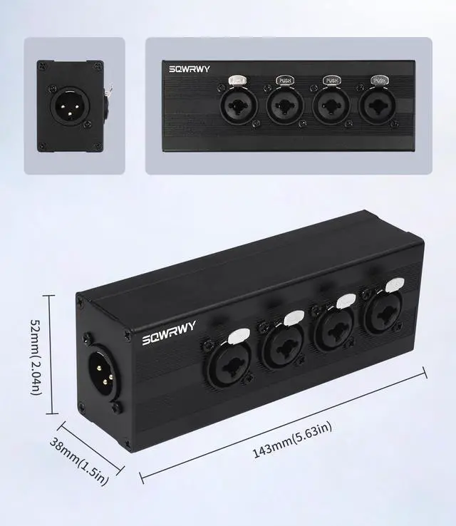 Alt view image 2 of 7 - 4-Channel Microphone Mixer - Passive Combines 4 Female XLR / 1/4" TRS Inputs into 1 XLR Male Output for Studio Recording, Podcasting, Live Sound
