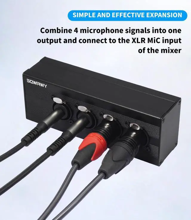 Alt view image 4 of 7 - 4-Channel Microphone Mixer - Passive Combines 4 Female XLR / 1/4" TRS Inputs into 1 XLR Male Output for Studio Recording, Podcasting, Live Sound