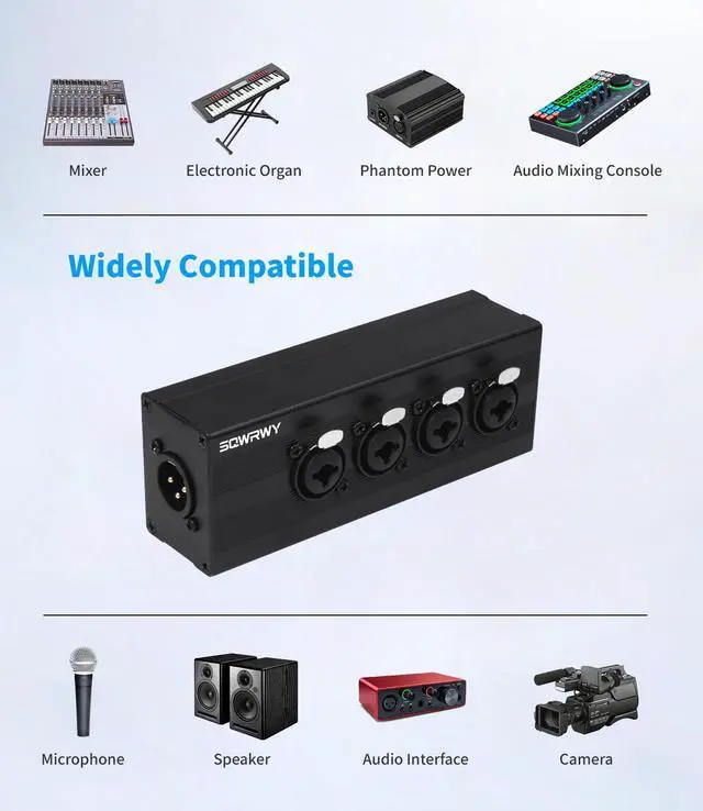 Alt view image 6 of 7 - 4-Channel Microphone Mixer - Passive Combines 4 Female XLR / 1/4" TRS Inputs into 1 XLR Male Output for Studio Recording, Podcasting, Live Sound