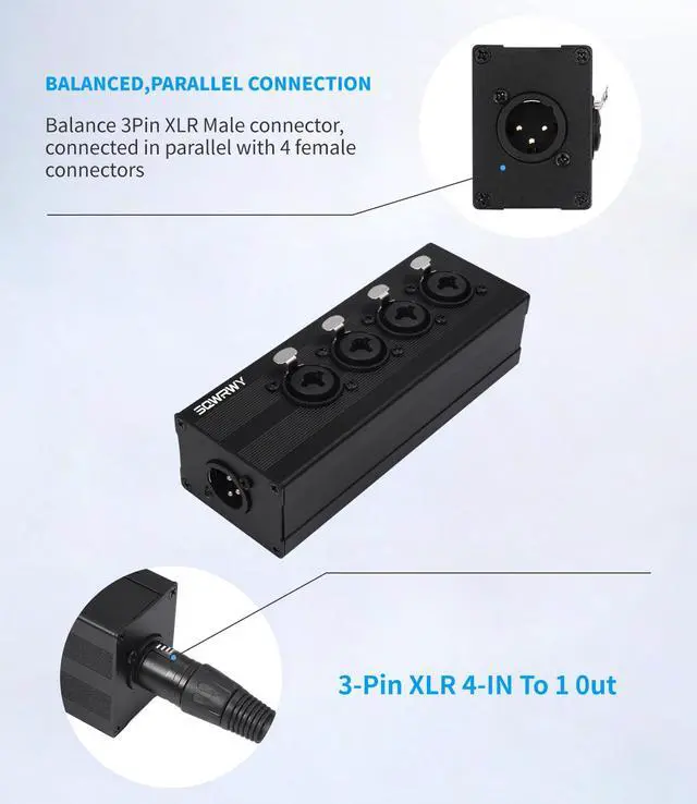 Alt view image 5 of 7 - 4-Channel Microphone Mixer - Passive Combines 4 Female XLR / 1/4" TRS Inputs into 1 XLR Male Output for Studio Recording, Podcasting, Live Sound