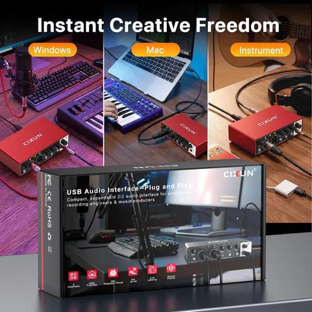 Alt view image 3 of 7 - 2x2 USB-C Audio Interface for PC/Mac Recording, 24-bit/192kHz, Dual TS/XLR Inputs, +48V Phantom Power, Studio/Podcast/Streaming(Matte Red)