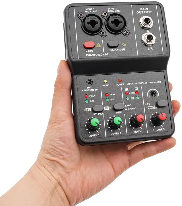 Main image of 2 Channel Audio Mixer, Mini DJ Mixer Console with 16BIT/48KHZ Audio Resolution, Pro Mixing Console Controller Mixer Board High Compatibility for Laptop Tablet Mobile Karaoke Music Production