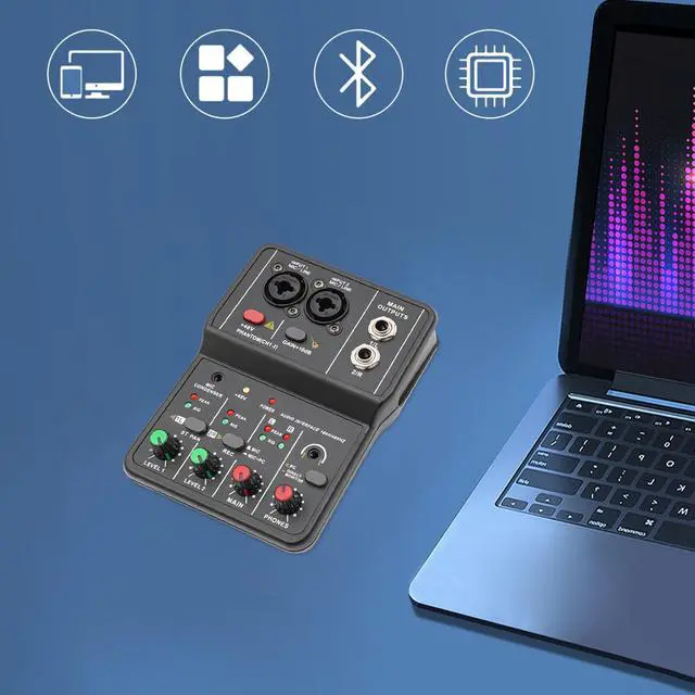 Alt view image 3 of 7 - 2 Channel Audio Mixer, Mini DJ Mixer Console with 16BIT/48KHZ Audio Resolution, Pro Mixing Console Controller Mixer Board High Compatibility for Laptop Tablet Mobile Karaoke Music Production