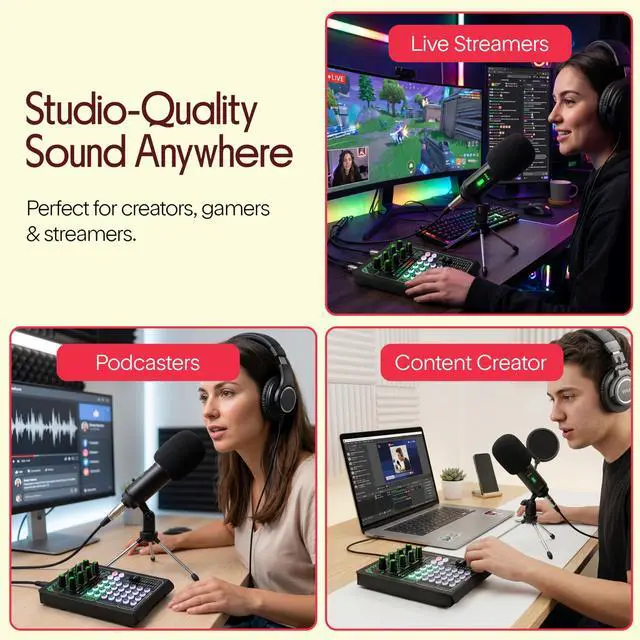 Alt view image 3 of 7 - Pro Live Broadcast Sound Card | Rechargeable Bluetooth Mixer | 8 Voice FX - 12 Ambient Presets | DSP Noise Reduction | Dual Mic Inputs | Solo Mode | Streaming, Podcasting, Gaming - PKSCRD408