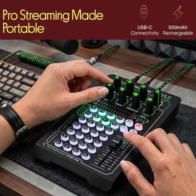 Alt view image 5 of 7 - Pro Live Broadcast Sound Card | Rechargeable Bluetooth Mixer | 8 Voice FX - 12 Ambient Presets | DSP Noise Reduction | Dual Mic Inputs | Solo Mode | Streaming, Podcasting, Gaming - PKSCRD408