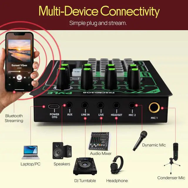 Alt view image 6 of 7 - Pro Live Broadcast Sound Card | Rechargeable Bluetooth Mixer | 8 Voice FX - 12 Ambient Presets | DSP Noise Reduction | Dual Mic Inputs | Solo Mode | Streaming, Podcasting, Gaming - PKSCRD408