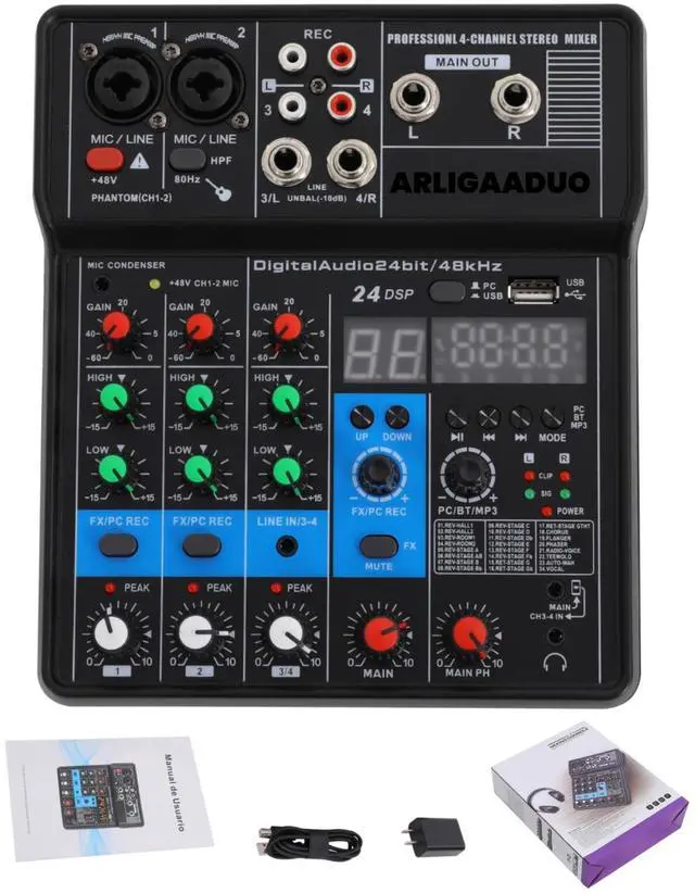 Main image of Professional Mini Audio DJ Mixer, 4 Channel Bluetooth Controller Sound Board Console System, USB Interface, 2 XLR Mic/Line, MP3 Player w/48V Phantom For Karaoke Stereo live Studio Streaming Recording