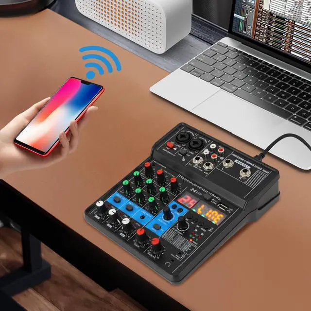 Alt view image 5 of 7 - Professional Mini Audio DJ Mixer, 4 Channel Bluetooth Controller Sound Board Console System, USB Interface, 2 XLR Mic/Line, MP3 Player w/48V Phantom For Karaoke Stereo live Studio Streaming Recording