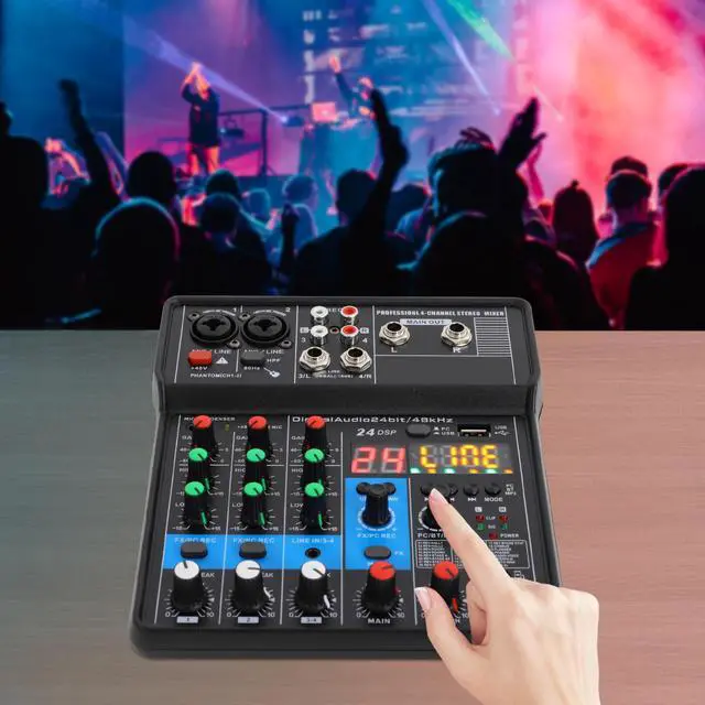 Alt view image 3 of 7 - Professional Mini Audio DJ Mixer, 4 Channel Bluetooth Controller Sound Board Console System, USB Interface, 2 XLR Mic/Line, MP3 Player w/48V Phantom For Karaoke Stereo live Studio Streaming Recording