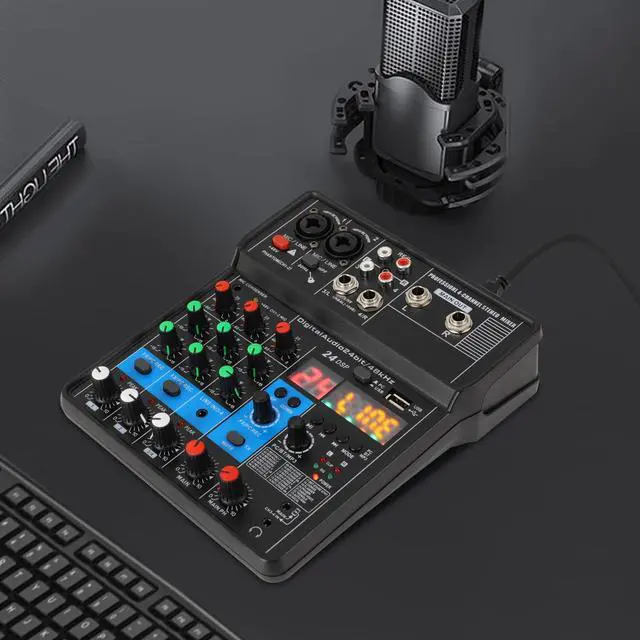 Alt view image 2 of 7 - Professional Mini Audio DJ Mixer, 4 Channel Bluetooth Controller Sound Board Console System, USB Interface, 2 XLR Mic/Line, MP3 Player w/48V Phantom For Karaoke Stereo live Studio Streaming Recording