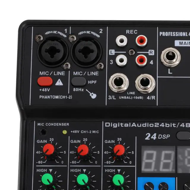 Alt view image 7 of 7 - Professional Mini Audio DJ Mixer, 4 Channel Bluetooth Controller Sound Board Console System, USB Interface, 2 XLR Mic/Line, MP3 Player w/48V Phantom For Karaoke Stereo live Studio Streaming Recording