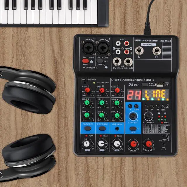 Alt view image 4 of 7 - Professional Mini Audio DJ Mixer, 4 Channel Bluetooth Controller Sound Board Console System, USB Interface, 2 XLR Mic/Line, MP3 Player w/48V Phantom For Karaoke Stereo live Studio Streaming Recording