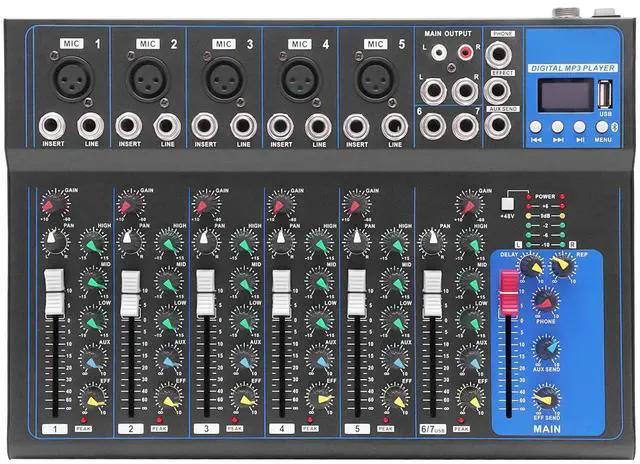 Main image of Audio Mixer 7-Channel,DJ Mixer with Bluetooth & 3-Band EQ,Sound Mixer Board with +48V Phantom Power,XLR Inputs,Metal Chassis Digital Mixer for Studio Live Music Karaoke