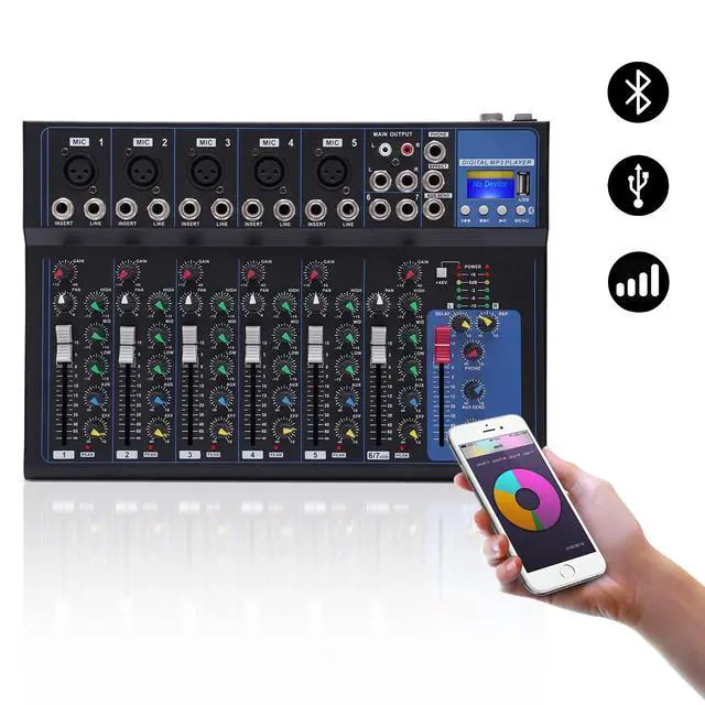 Alt view image 2 of 7 - Audio Mixer 7-Channel,DJ Mixer with Bluetooth & 3-Band EQ,Sound Mixer Board with +48V Phantom Power,XLR Inputs,Metal Chassis Digital Mixer for Studio Live Music Karaoke
