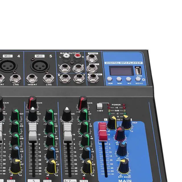 Alt view image 5 of 7 - Audio Mixer 7-Channel,DJ Mixer with Bluetooth & 3-Band EQ,Sound Mixer Board with +48V Phantom Power,XLR Inputs,Metal Chassis Digital Mixer for Studio Live Music Karaoke