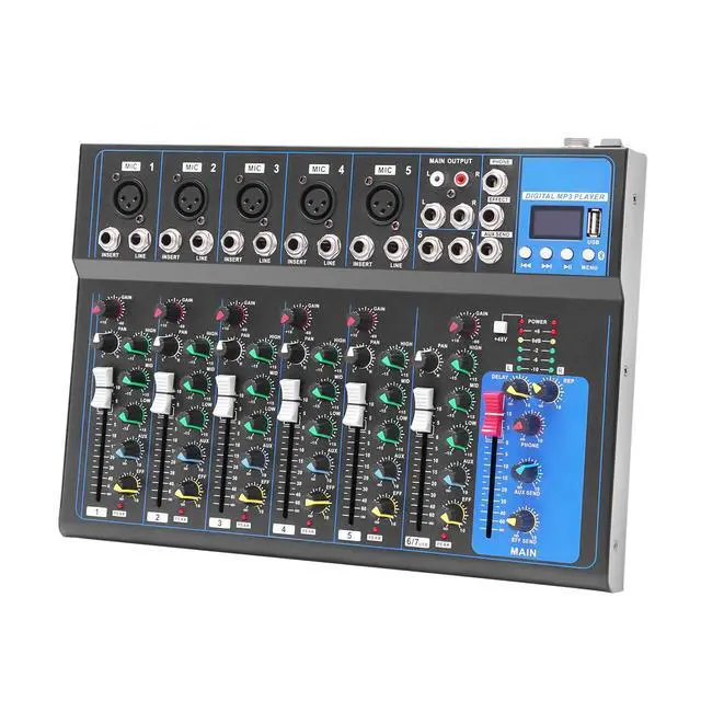 Alt view image 4 of 7 - Audio Mixer 7-Channel,DJ Mixer with Bluetooth & 3-Band EQ,Sound Mixer Board with +48V Phantom Power,XLR Inputs,Metal Chassis Digital Mixer for Studio Live Music Karaoke