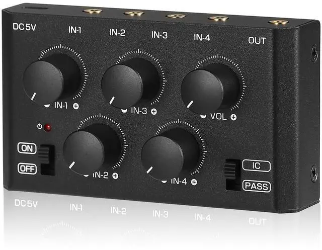 Main image of MC5-BX Mini Audio Mixer: 4-Channel Ultra Low-Noise Stereo Line Mixer for Home Studio Bar, Active & Passive Modes, Portable Metal Design for Musicians DJs