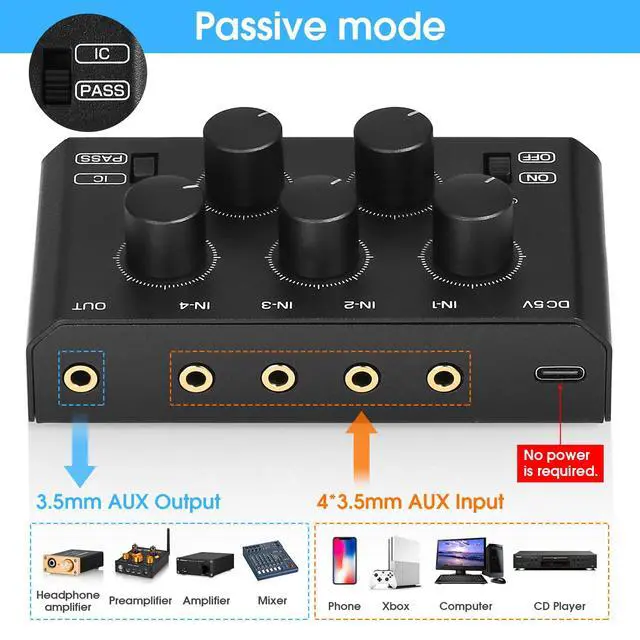 Alt view image 2 of 7 - MC5-BX Mini Audio Mixer: 4-Channel Ultra Low-Noise Stereo Line Mixer for Home Studio Bar, Active & Passive Modes, Portable Metal Design for Musicians DJs