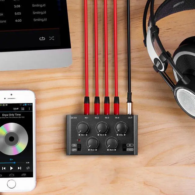 Alt view image 6 of 7 - MC5-BX Mini Audio Mixer: 4-Channel Ultra Low-Noise Stereo Line Mixer for Home Studio Bar, Active & Passive Modes, Portable Metal Design for Musicians DJs