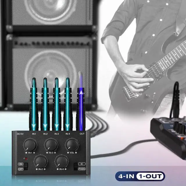 Alt view image 5 of 7 - MC5-BX Mini Audio Mixer: 4-Channel Ultra Low-Noise Stereo Line Mixer for Home Studio Bar, Active & Passive Modes, Portable Metal Design for Musicians DJs