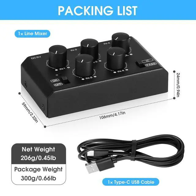 Alt view image 7 of 7 - MC5-BX Mini Audio Mixer: 4-Channel Ultra Low-Noise Stereo Line Mixer for Home Studio Bar, Active & Passive Modes, Portable Metal Design for Musicians DJs