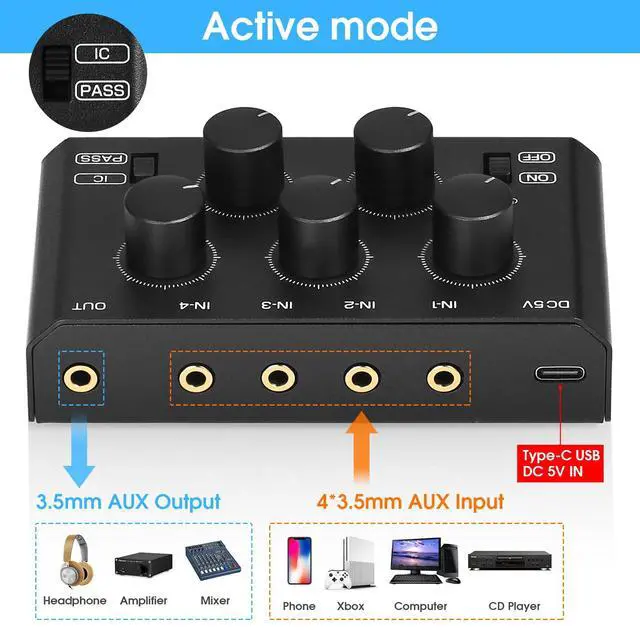 Alt view image 3 of 7 - MC5-BX Mini Audio Mixer: 4-Channel Ultra Low-Noise Stereo Line Mixer for Home Studio Bar, Active & Passive Modes, Portable Metal Design for Musicians DJs