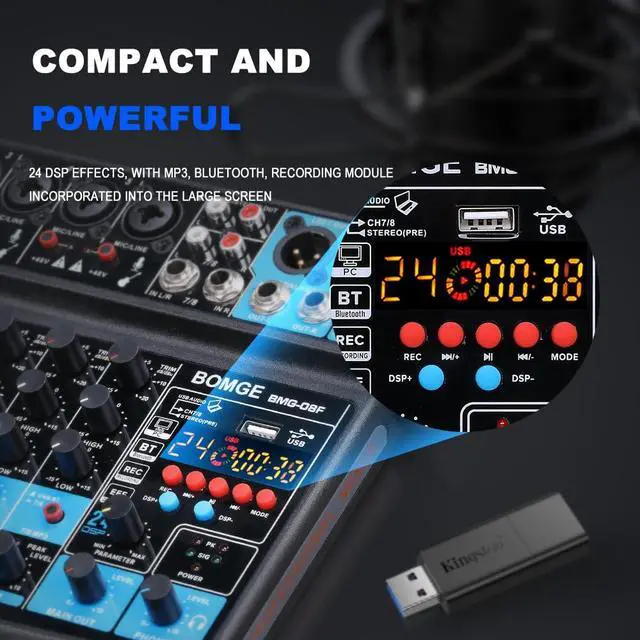 Alt view image 2 of 7 - 8 channels mini audio mixer Line Mixer,DC 5V,with MP3 Player,Bluetooth, U disk 48V,24DSP effects, USB recording Ideal for Small Clubs or Bars, Studio Recording (8 channels-BLACK)
