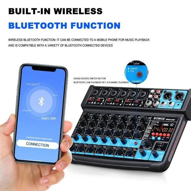 Alt view image 3 of 7 - 8 channels mini audio mixer Line Mixer,DC 5V,with MP3 Player,Bluetooth, U disk 48V,24DSP effects, USB recording Ideal for Small Clubs or Bars, Studio Recording (8 channels-BLACK)