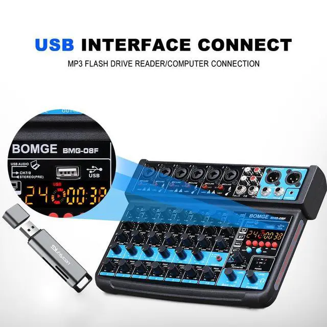 Alt view image 5 of 7 - 8 channels mini audio mixer Line Mixer,DC 5V,with MP3 Player,Bluetooth, U disk 48V,24DSP effects, USB recording Ideal for Small Clubs or Bars, Studio Recording (8 channels-BLACK)