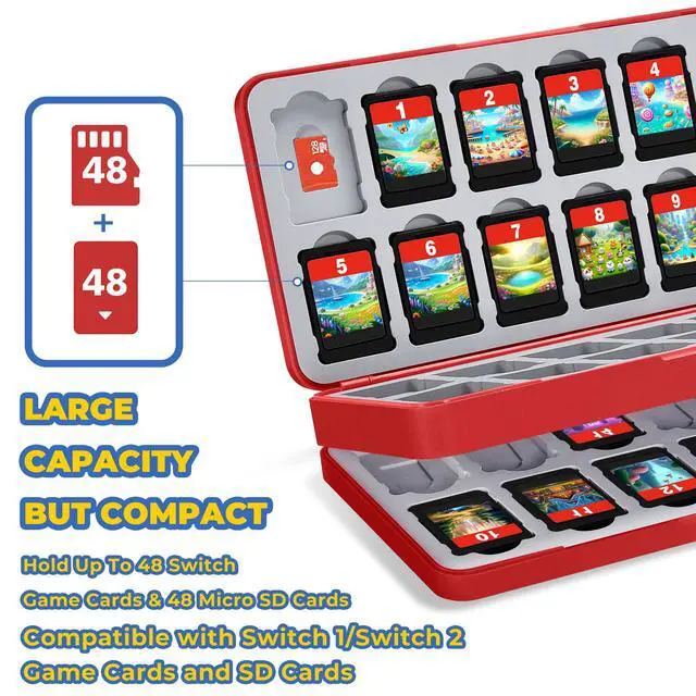 Alt view image 2 of 7 - 48 Switch 2 Game Case Compatible with Nintendo Switch 2/1 & Micro SD Cards, Switch Game Card Holder Cartridge Case with 48 Game-Card Storage - Red