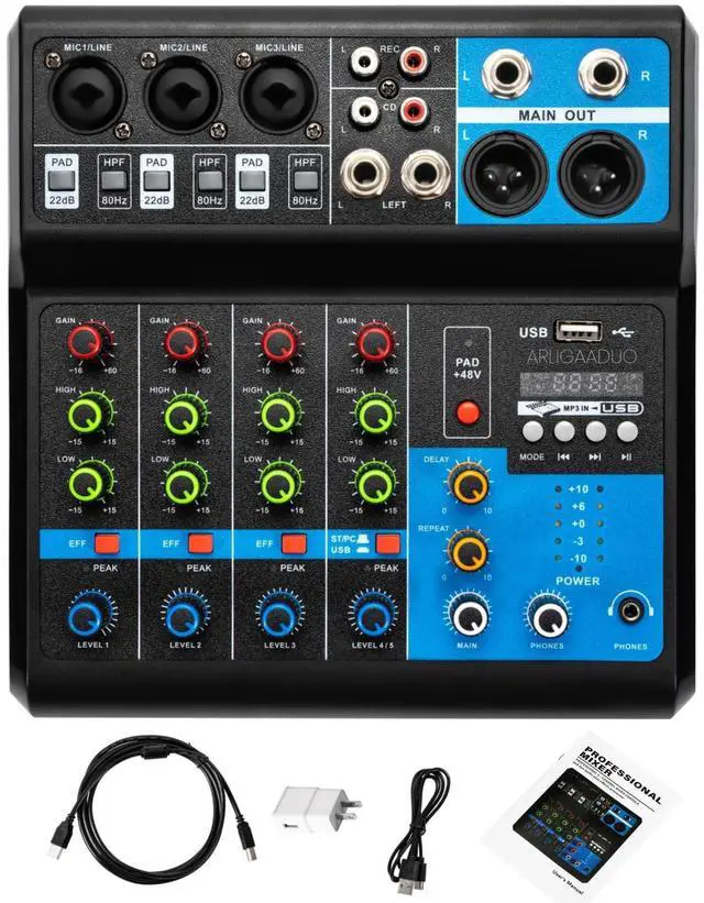 Main image of Professional Mini Audio DJ Mixer, 5 Channel Bluetooth Controller Sound Board Console System, USB Interface, 2 XLR Mic/Line, MP3 Player w/48V Phantom For Karaoke Stereo live Studio Streaming Recording