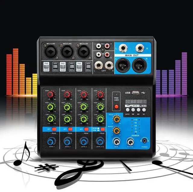 Alt view image 5 of 7 - Professional Mini Audio DJ Mixer, 5 Channel Bluetooth Controller Sound Board Console System, USB Interface, 2 XLR Mic/Line, MP3 Player w/48V Phantom For Karaoke Stereo live Studio Streaming Recording