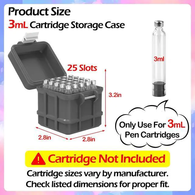 Alt view image 2 of 6 - 25 Slots 3mL Cartridge Storage Case, Pen Cartridges & Vials Holder Box-Grey